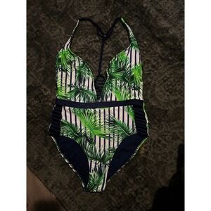 Hot Kiss Womens XL Tropical Palm Striped Strappy One Piece Swimsuit Navy Green